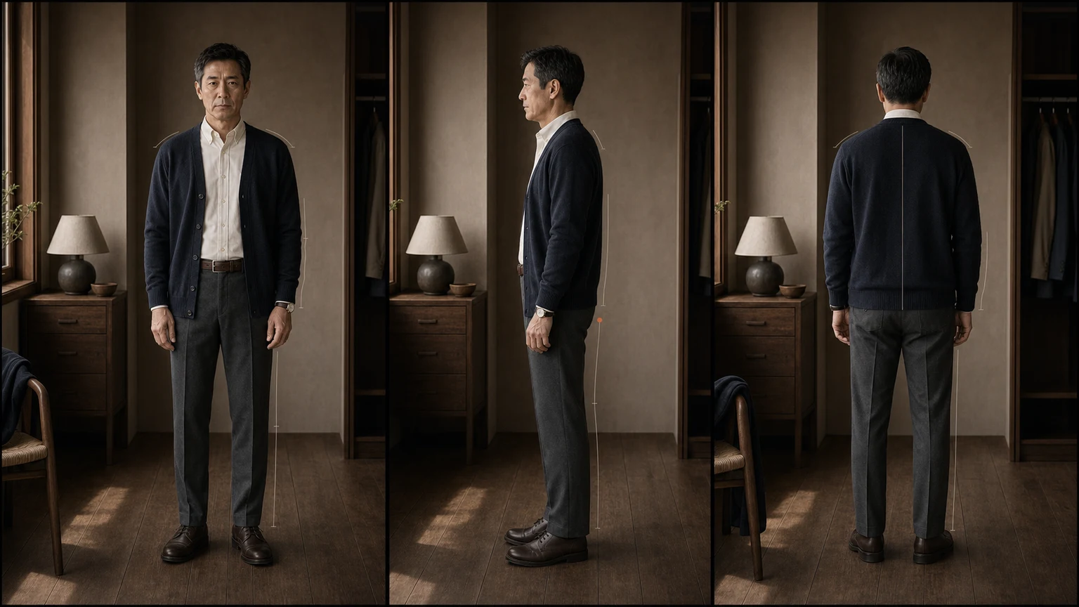 오프화이트 셔츠와 네이비 가디건, 차콜 팬츠 차림의 같은 남성을 정면·측면·후면에서 보여 주고 앞여밈·중심·옆선·밑단과 레이어 경계를 표시한 장면