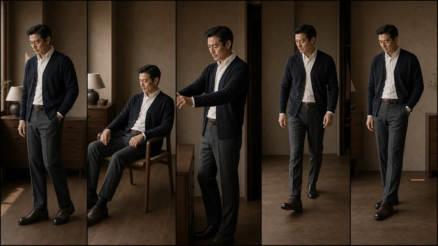 오프화이트 셔츠와 네이비 가디건, 차콜 팬츠 차림의 남성이 서기·앉기·팔 뻗기·걷기·다시 서기를 하며 여밈·소매·밑단과 신발의 이동을 확인하는 장면