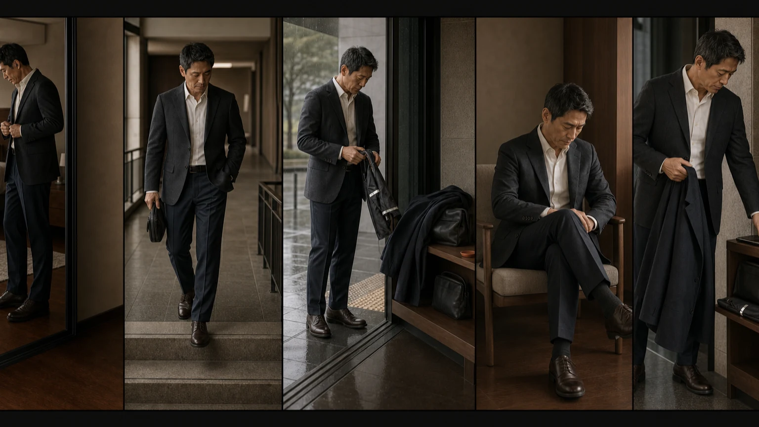 차콜 재킷과 짙은 회색 팬츠를 입은 남성이 집과 중립적인 건물 입구에서 걷기·착석 뒤 옷 상태를 보고 외투·우산·가방을 통로 밖에 정리하는 연속 장면