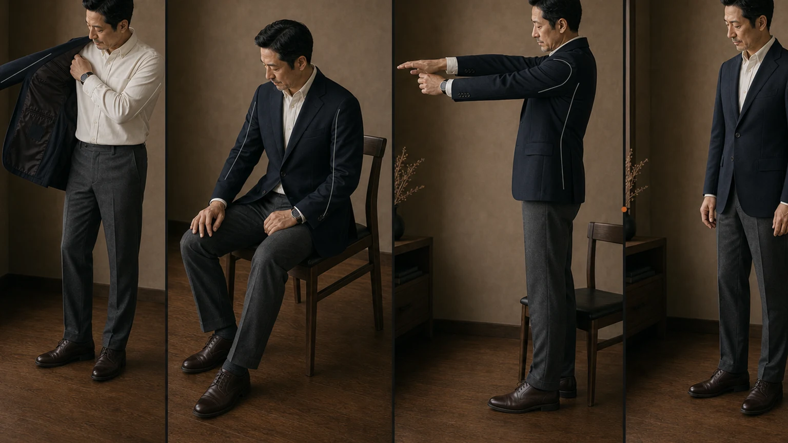 같은 네이비 재킷과 오프화이트 셔츠 차림의 남성이 팔을 넣고 앉고 양팔을 뻗은 뒤 원위치로 돌아오며 안감과 겉감의 움직임을 확인하는 연속 장면