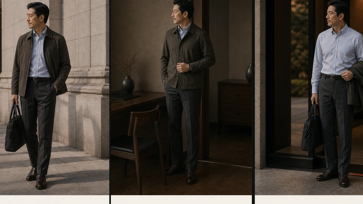 같은 올리브 브라운 재킷과 블루 셔츠 차림의 남성을 아침 야외 이동·냉방 사무실·저녁 실내외 전환 장면에 나누어 배치한 모습
