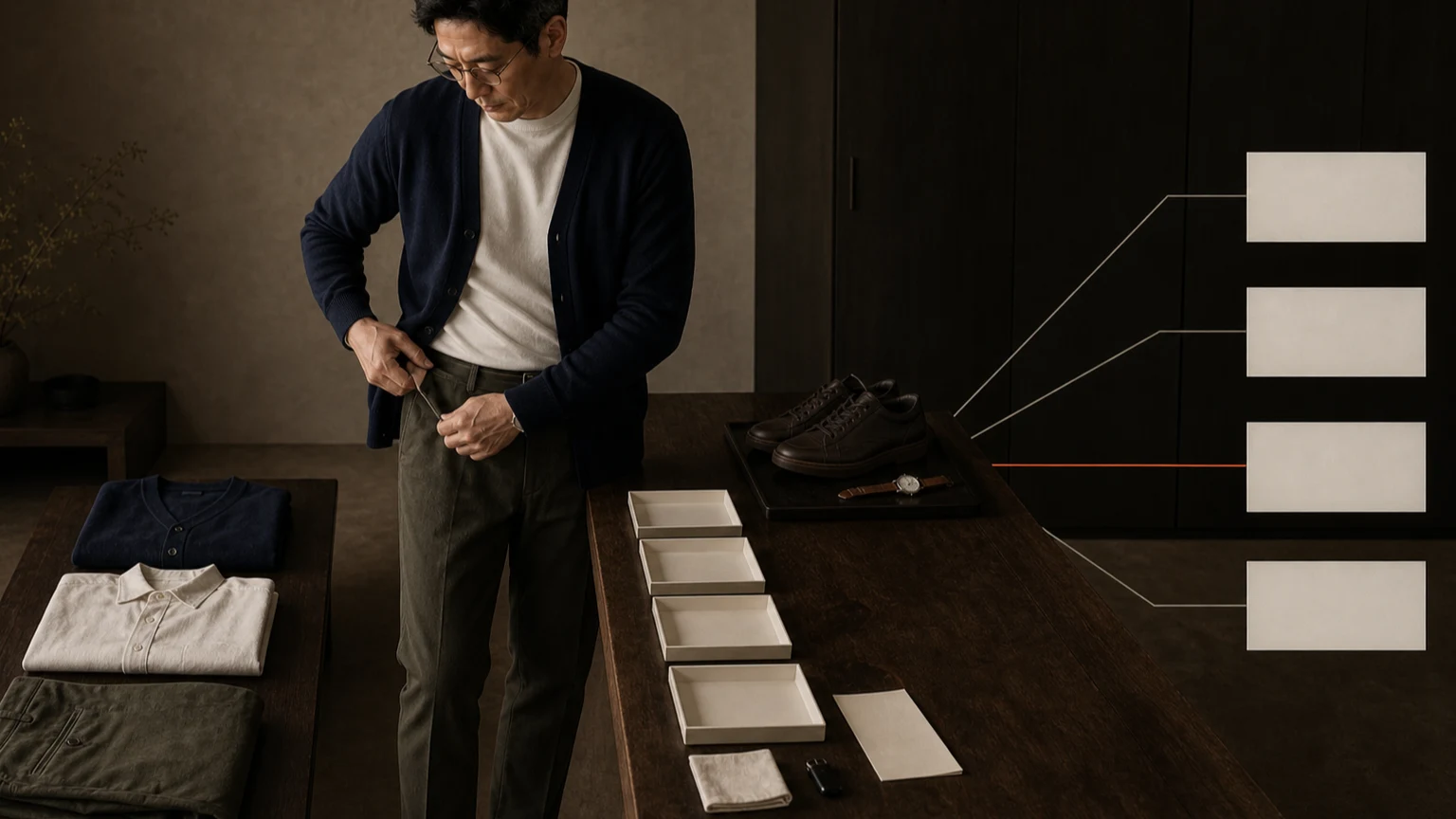 오프화이트 셔츠와 네이비 가디건, 올리브 치노 차림의 남성이 현관 작업대에서 주머니와 젖음·접촉면을 확인하고 옷의 임시 위치와 다음 확인 조건을 기록하는 장면
