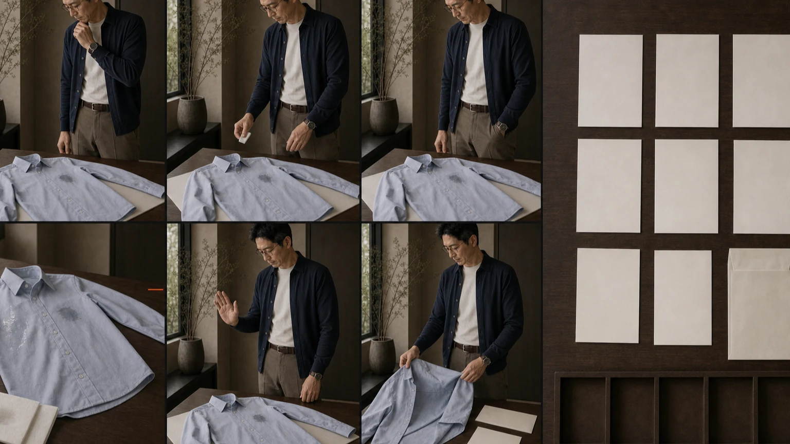 오프화이트 셔츠와 토프 치노, 네이비 가디건 차림의 남성이 자국 처리 전후와 안쪽 상태를 같은 조건에서 기록하고 라벨·물질·시각·이전 행동을 전문 인계 카드에 모으는 장면