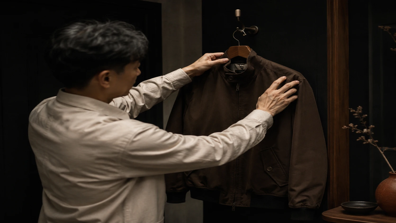 착용 뒤 해링턴 재킷을 넓은 옷걸이에 거는 남성