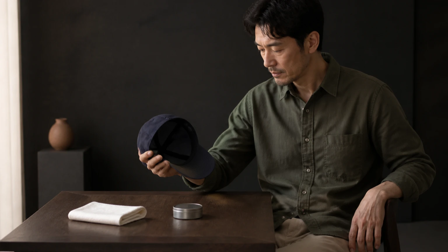 모자와 무표기 관리 도구를 곁에 두고 처리 전 상태를 확인하는 남성