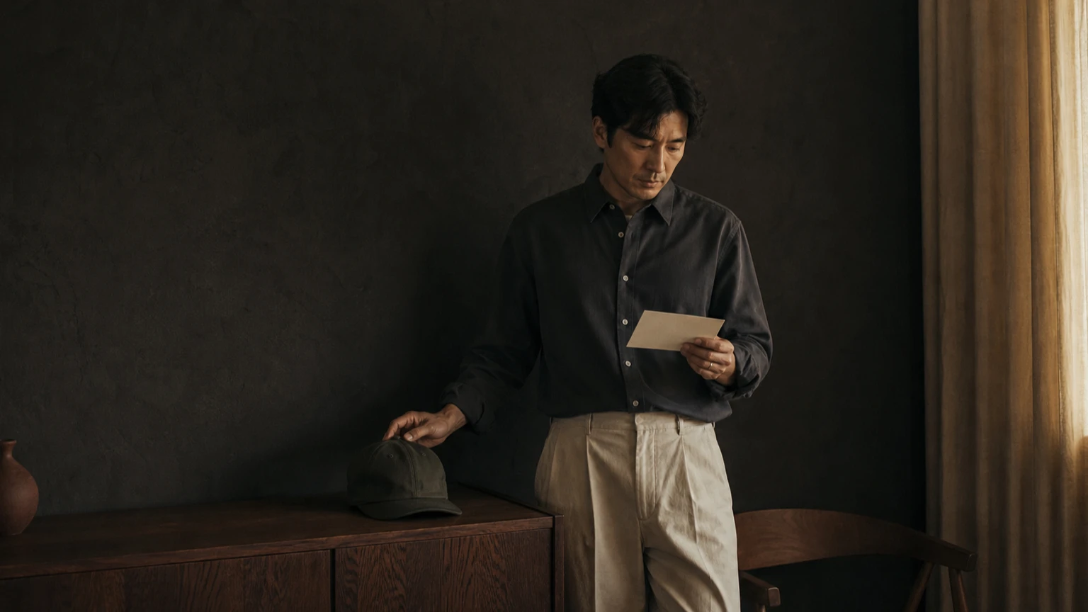 모자와 무지 메모 카드를 곁에 두고 다음 관리 행동을 정리하는 남성
