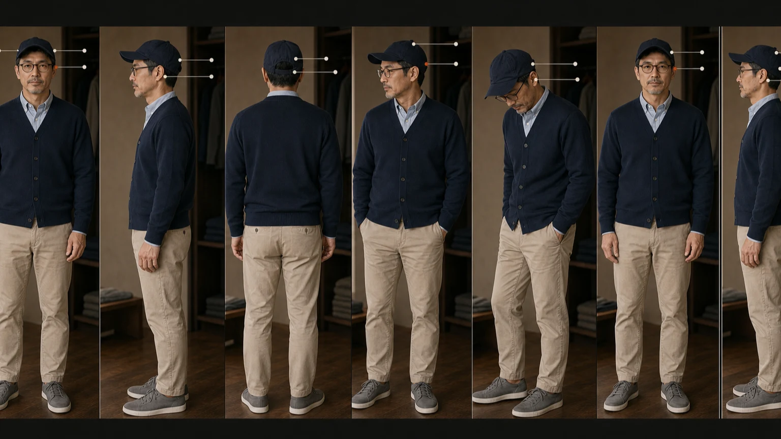 네이비 캡과 안경을 쓴 남성이 정면과 측면, 후면에서 접촉 위치를 확인하고 고개를 돌리고 숙인 뒤 모자의 위치를 비교하는 연속 장면
