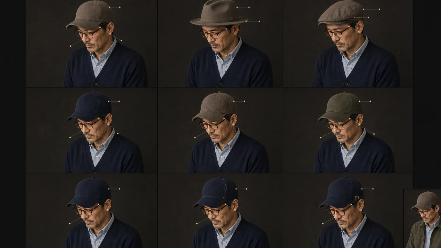 같은 블루 셔츠와 네이비 가디건을 입은 남성이 모자 구조와 네이비·토프·올리브 색, 로고 디테일을 한 요소씩 바꿔 상반신에서 비교하는 도식