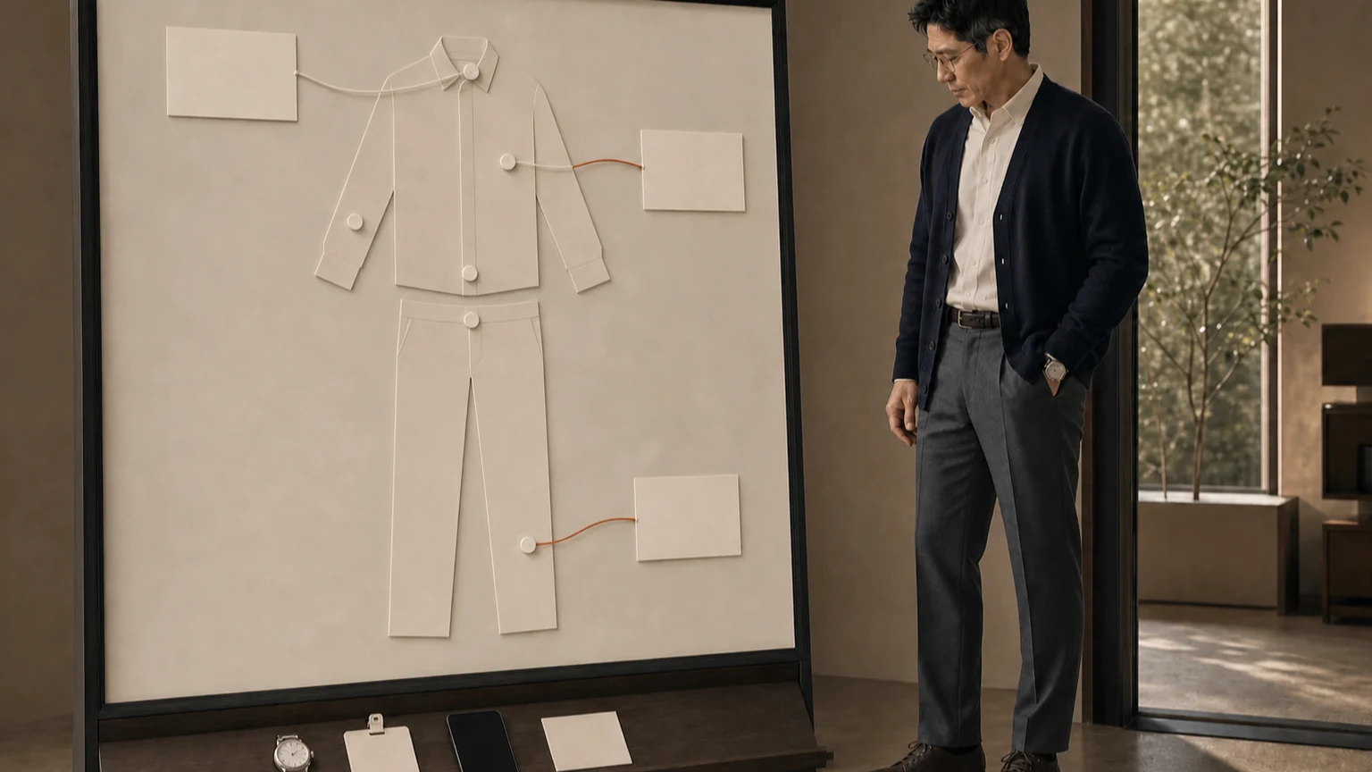 오프화이트 셔츠와 차콜 팬츠 차림의 남성이 목과 팔, 가슴, 복부, 허리, 하지의 의복 접점과 기관 확인 카드를 살펴보는 장면