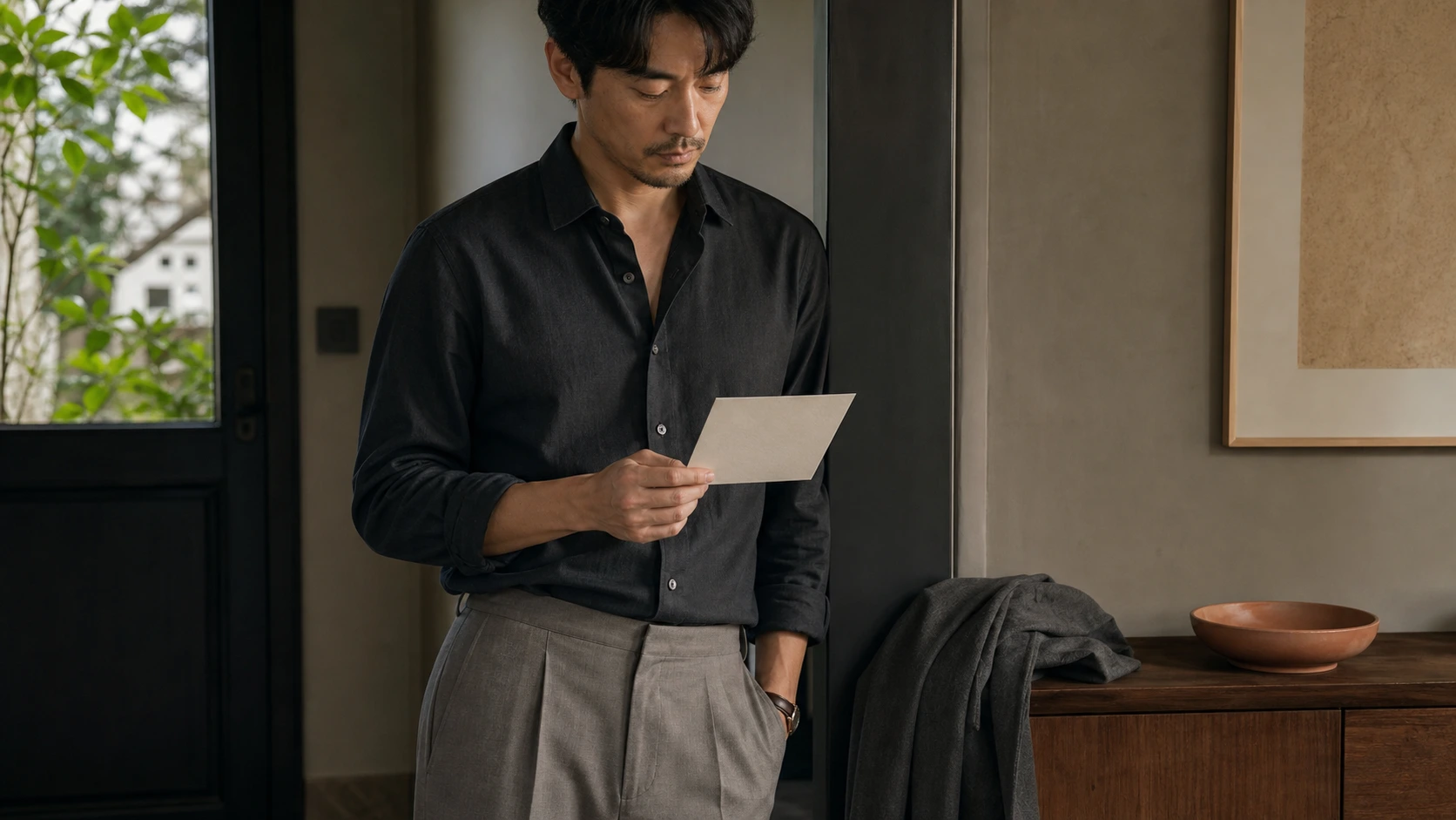 겉옷과 무문자 초대 카드를 곁에 두고 저녁 모임 조건을 확인하는 남성