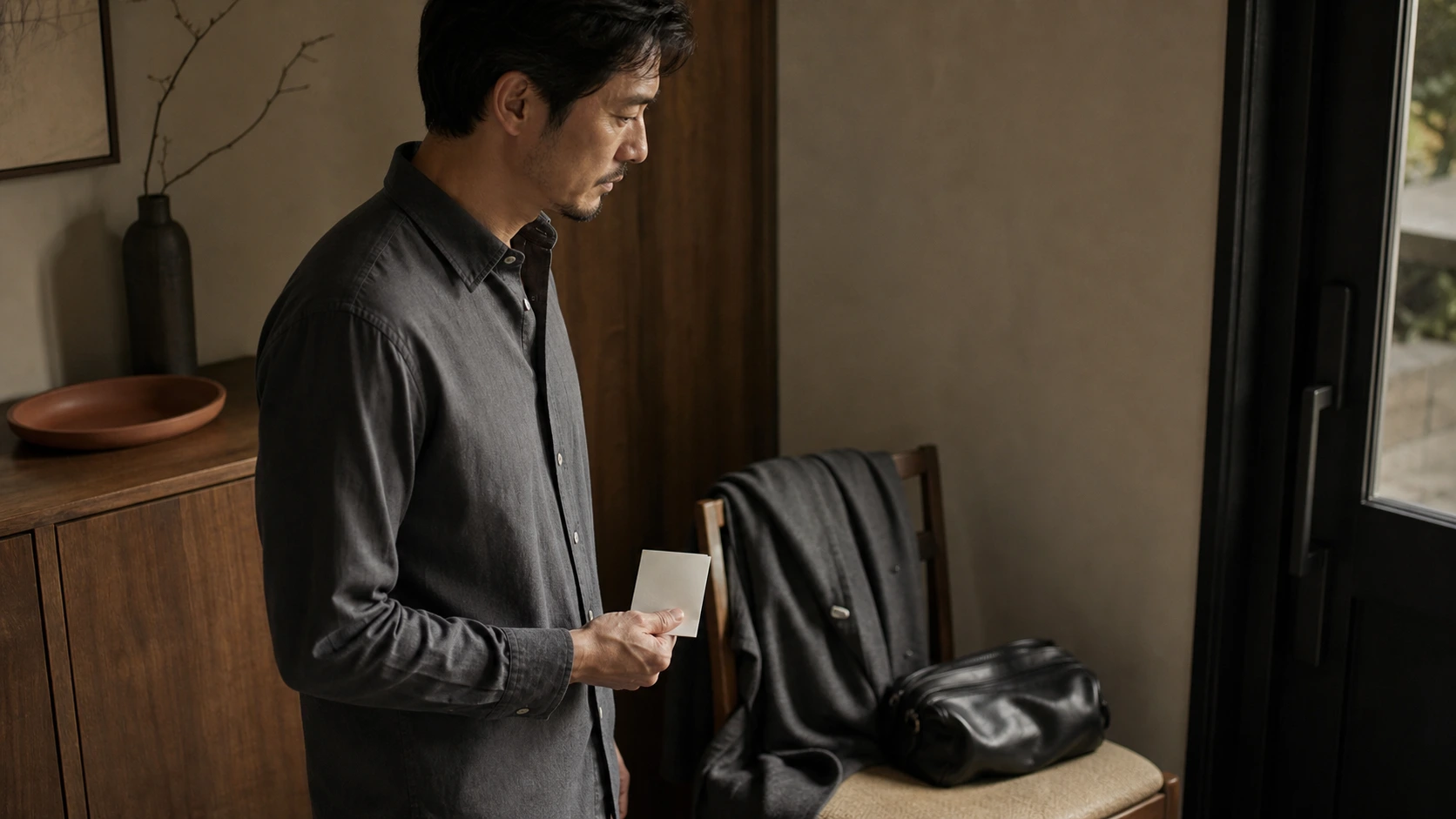겉옷과 가방을 곁에 두고 손님맞이 전 준비를 확인하는 남성