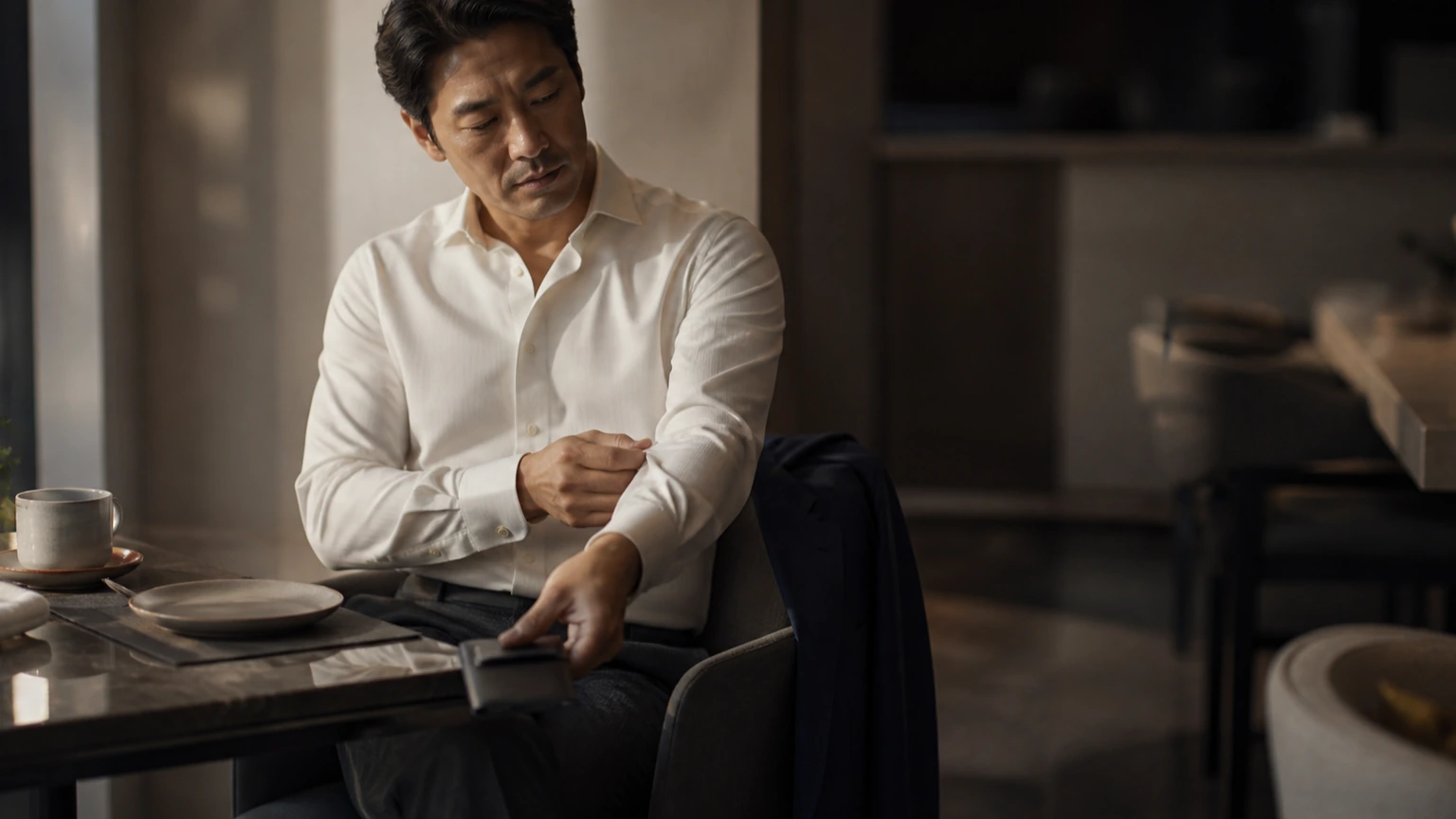 호텔 조식 공간에서 소매와 작은 소지품을 정리하는 남성
