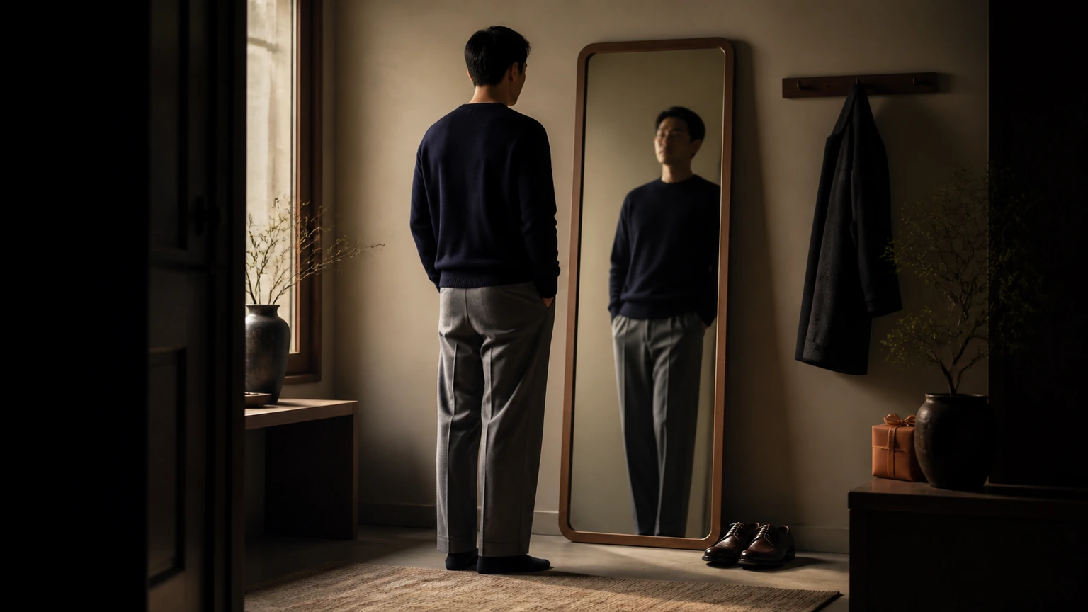 거울 앞에서 단정한 니트와 팬츠, 신발의 비율을 확인하는 남성