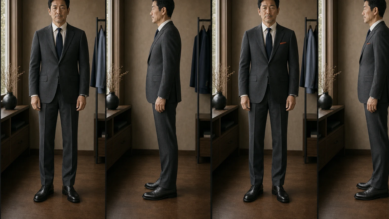 같은 차콜 수트와 오프화이트 셔츠·네이비 타이·블랙 더비 차림에서 작은 테라코타 포켓스퀘어 하나만 추가한 전후 후보