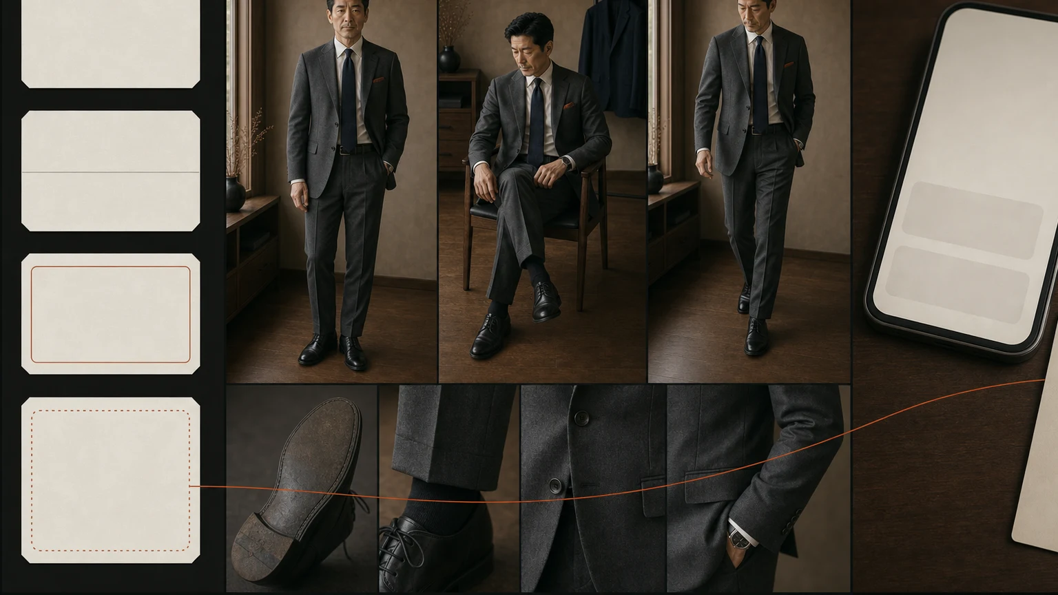 차콜 수트 차림의 남성이 익명 초대장 체크 카드 옆에서 전신·착석·보행과 신발 상태를 확인하고 개인정보 없는 문의 문장을 작성하는 장면