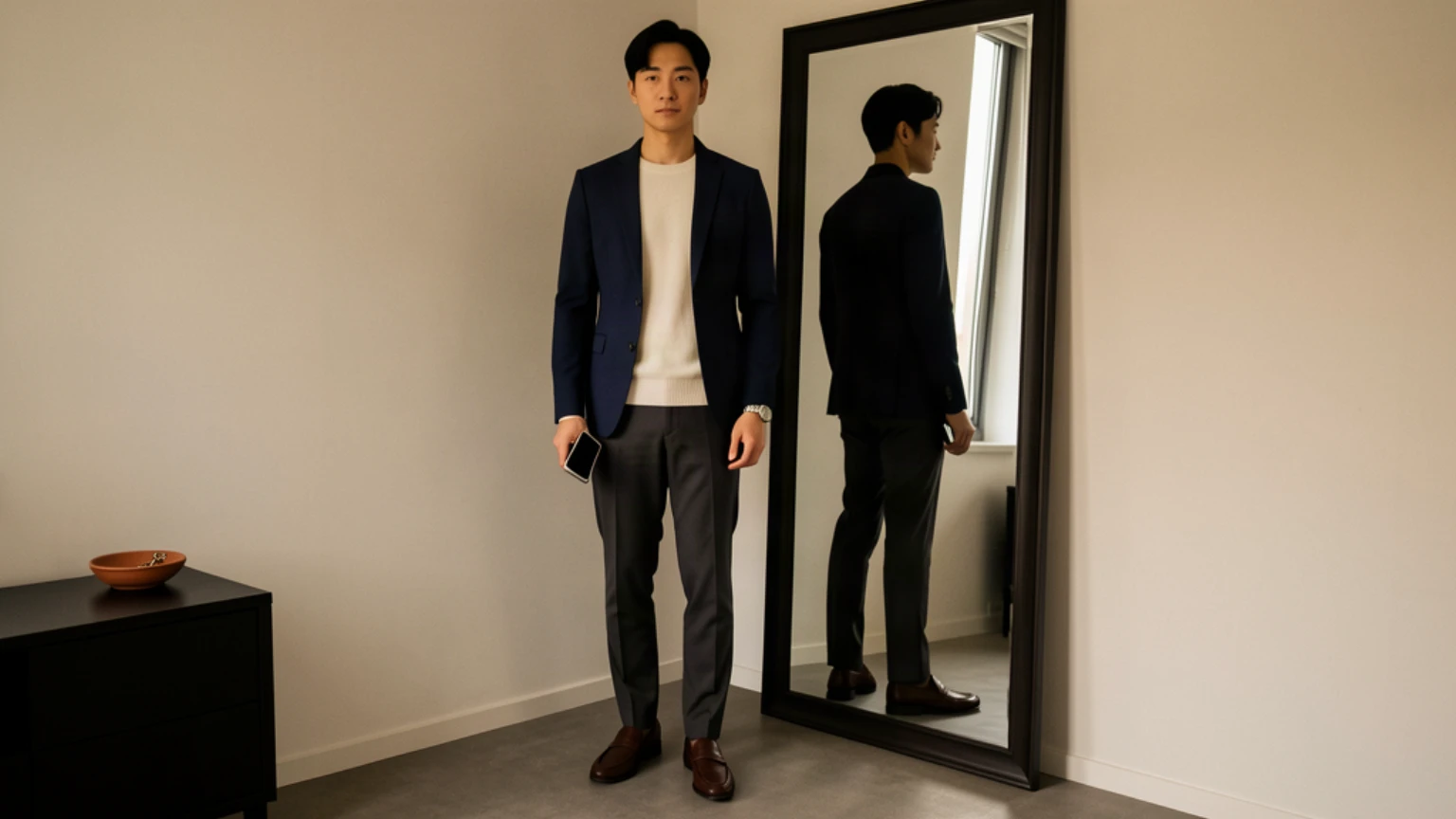 출근과 저녁 약속 일정을 생각하며 재킷을 입고 전신 거울을 보는 남성