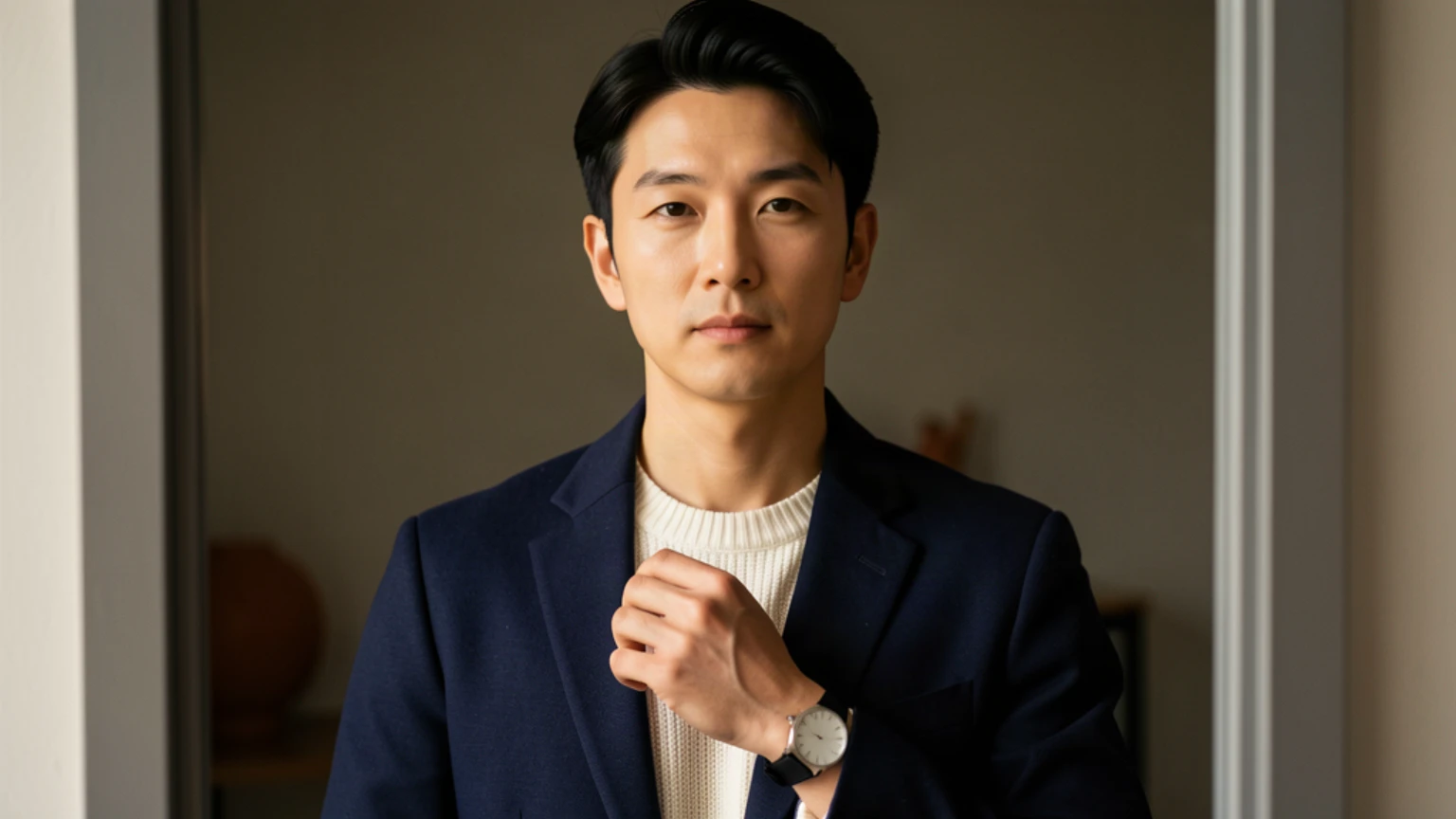 재킷을 연 상태에서 이너 목선과 칼라를 확인하는 남성