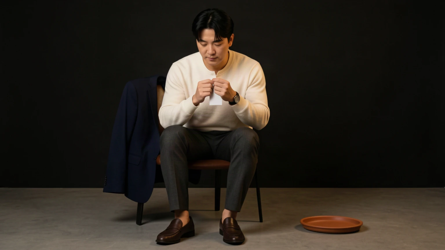 저녁 약속 전 재킷을 벗고 이너 상태와 관리 라벨을 확인하는 남성