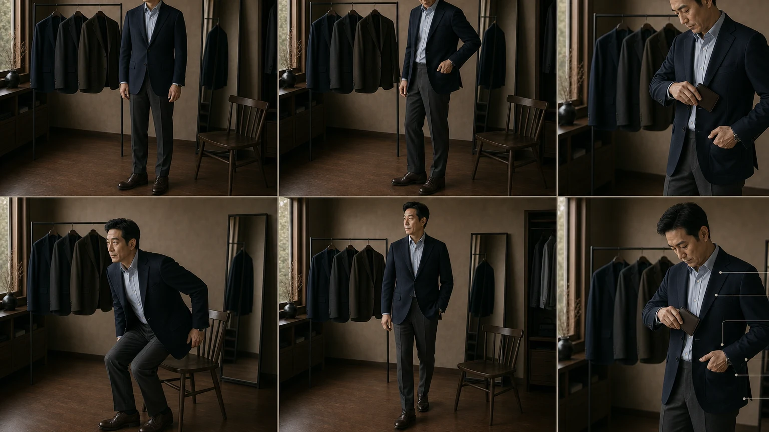 옅은 블루 셔츠와 네이비 재킷·그레이 팬츠 차림의 남성이 빈 포켓에 카드지갑 하나를 넣고 앉기·기립·걷기·꺼내기 뒤 포켓과 앞섶의 복귀를 확인하는 여섯 장면