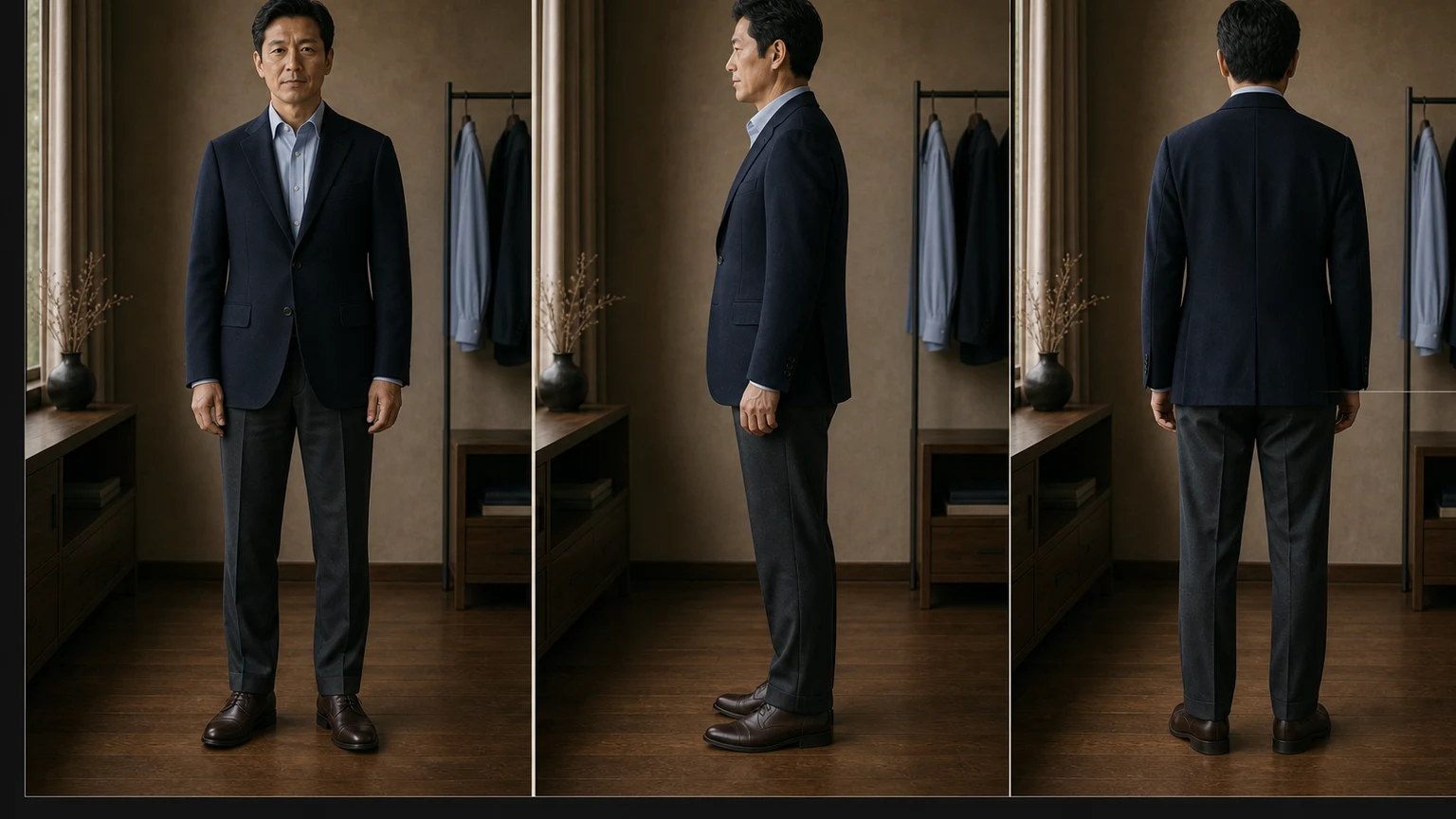옅은 블루 셔츠와 네이비 재킷, 차콜 팬츠 차림의 남성이 빈 주머니로 자연스럽게 선 정면·측면·후면에서 뒤 중심선·옆 패널·트임과 밑단을 확인하는 장면