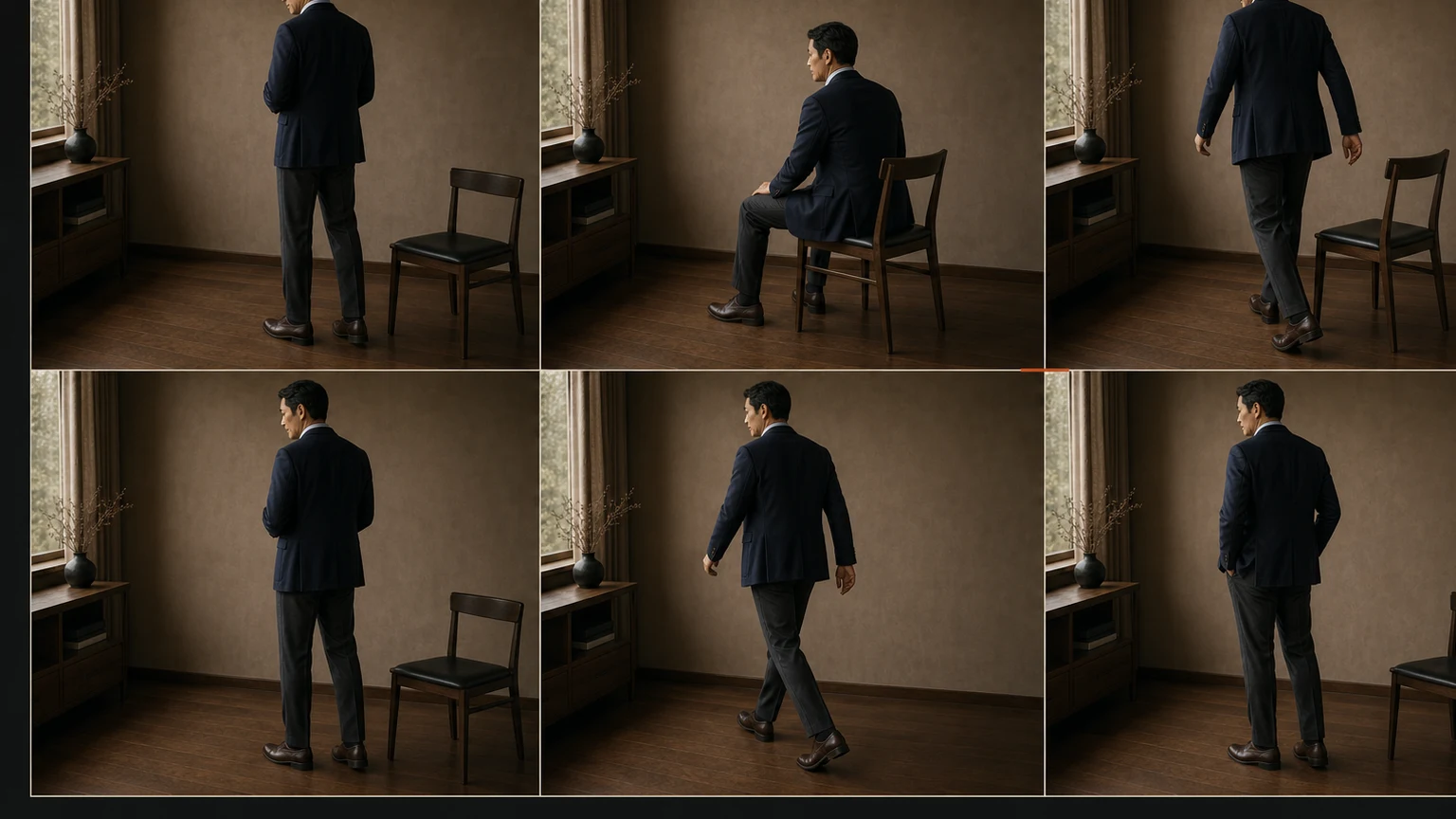옅은 블루 셔츠와 네이비 재킷, 차콜 팬츠 차림의 남성이 서고 앉고 일어나 5초 뒤 다시 서며 걷고 빈손으로 한 주머니를 사용하는 여섯 장면