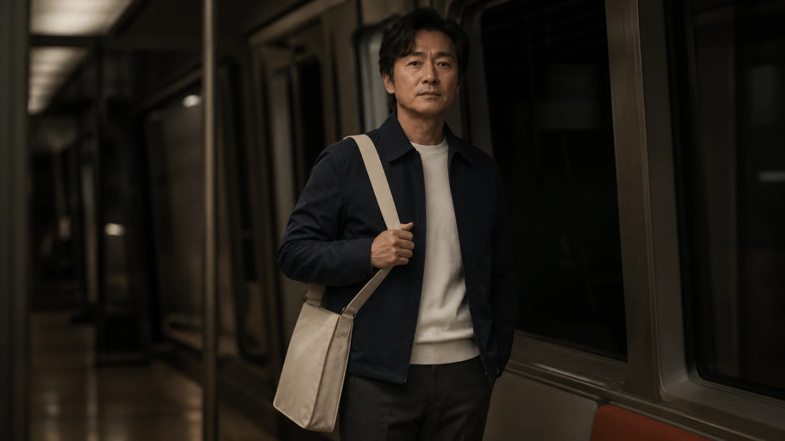 이동 중 재킷에 가방 끈이 닿는 지점을 보여주는 장면