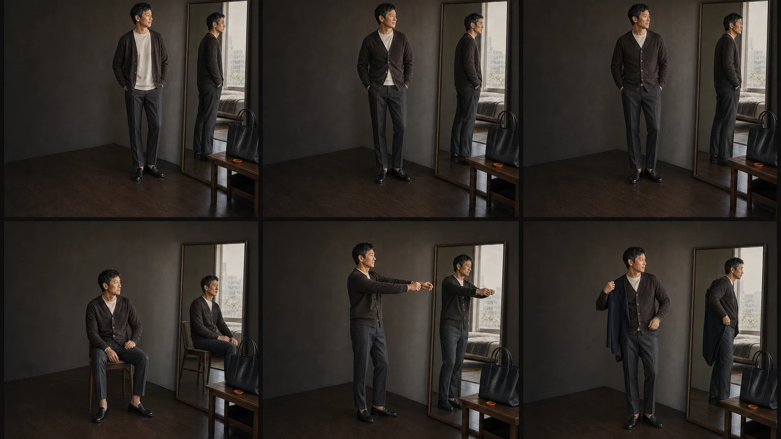 같은 티셔츠와 가디건, 팬츠를 입고 가디건을 열고 닫은 뒤 앉고 팔을 뻗고 재킷을 벗으며 옷의 이동을 비교한 장면