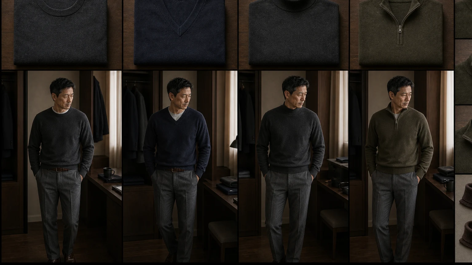 같은 회색 이너와 트라우저를 입은 남성의 크루넥·브이넥·모크넥·집넥 앞·옆·뒤와 롤넥 접기 전후에서 입구·리브·칼라·플래킷·지퍼 위치를 비교한 구조 카드