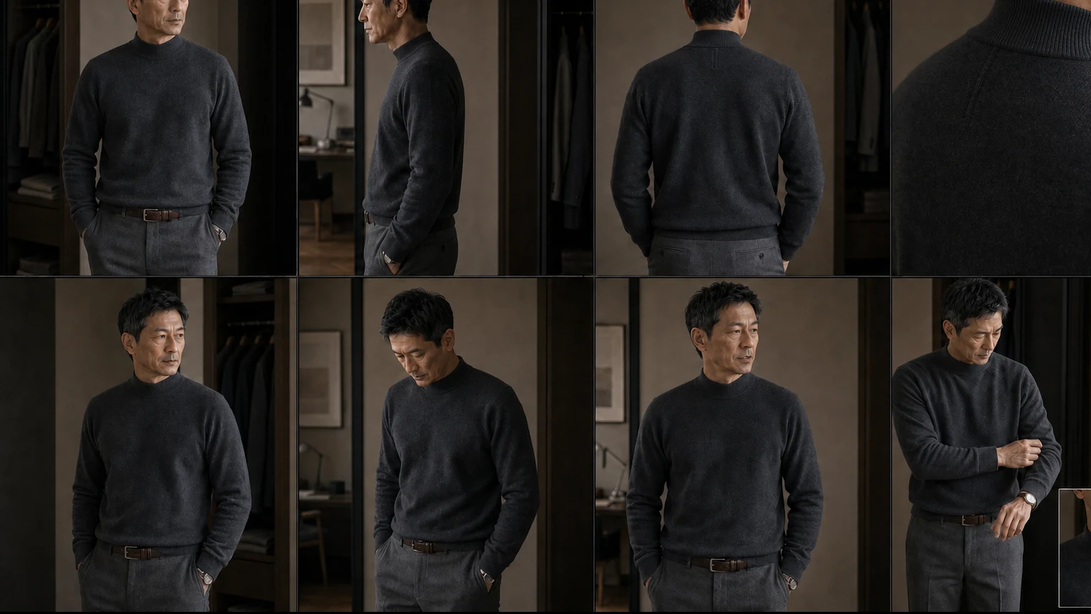차콜 모크넥과 회색 트라우저를 입은 남성의 앞·옆·뒤와 고개 돌림·아래 보기·어깨 움직임·회색 이너 추가 상태에서 칼라·봉제선·당김·들뜸을 기록한 장면
