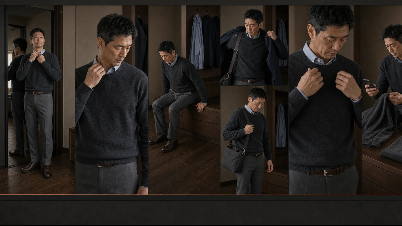 차콜 크루넥과 블루 셔츠, 회색 트라우저를 입은 남성이 현관에서 고개를 돌리고 앉았다 일어나 재킷과 가방을 벗은 뒤 목선과 케어라벨을 확인하는 연속 장면