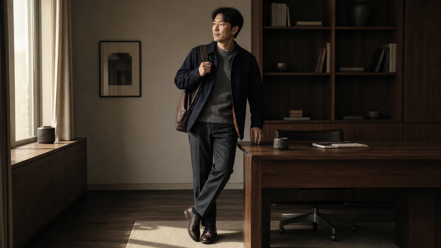 가방 끈과 책상에 닿는 니트의 마찰 부위를 살피는 출근 복장