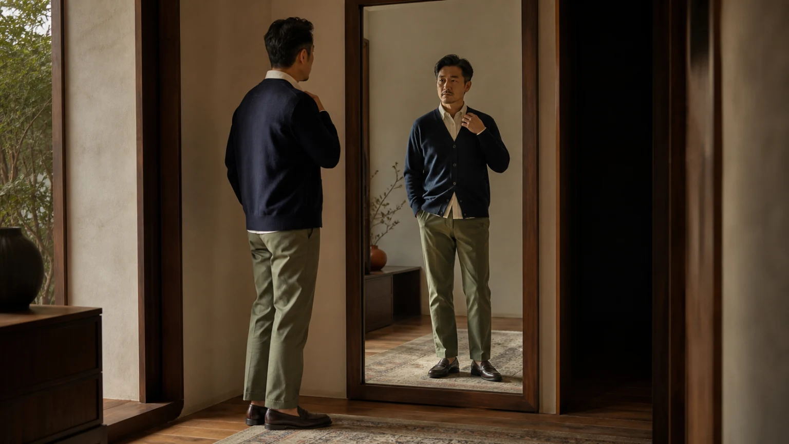 거울 앞에서 손질한 니트의 전체 형태를 확인하는 남성