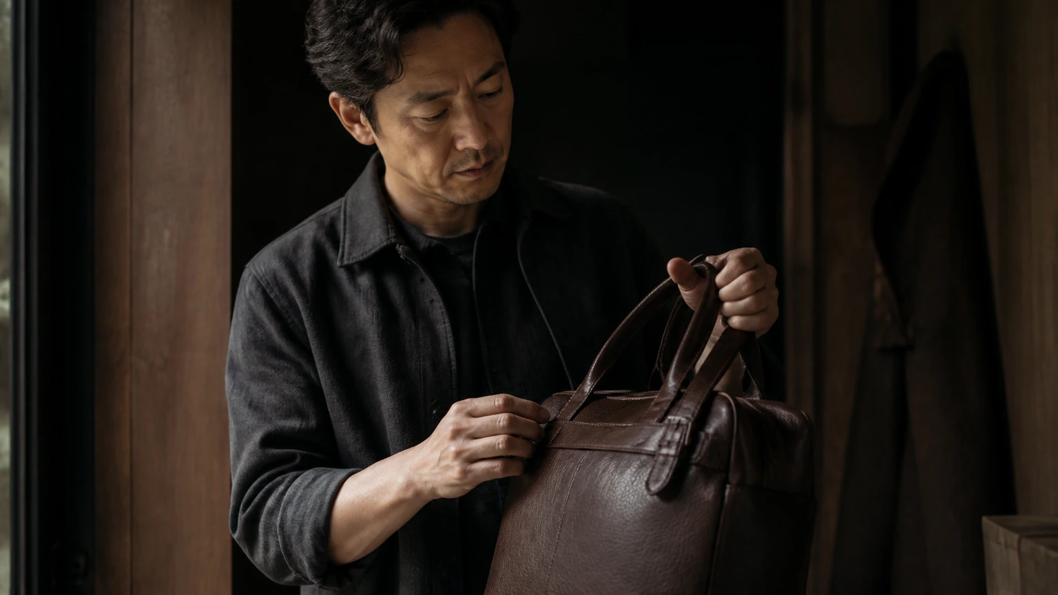 가죽 가방의 표면과 모서리, 손잡이 상태를 가까이에서 살피는 장면