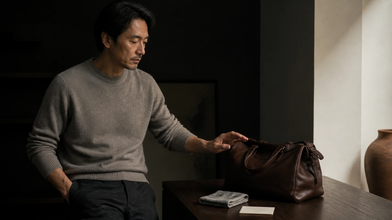 가죽 가방을 관리하기 전 작은 부위를 살피며 손을 멈춘 장면