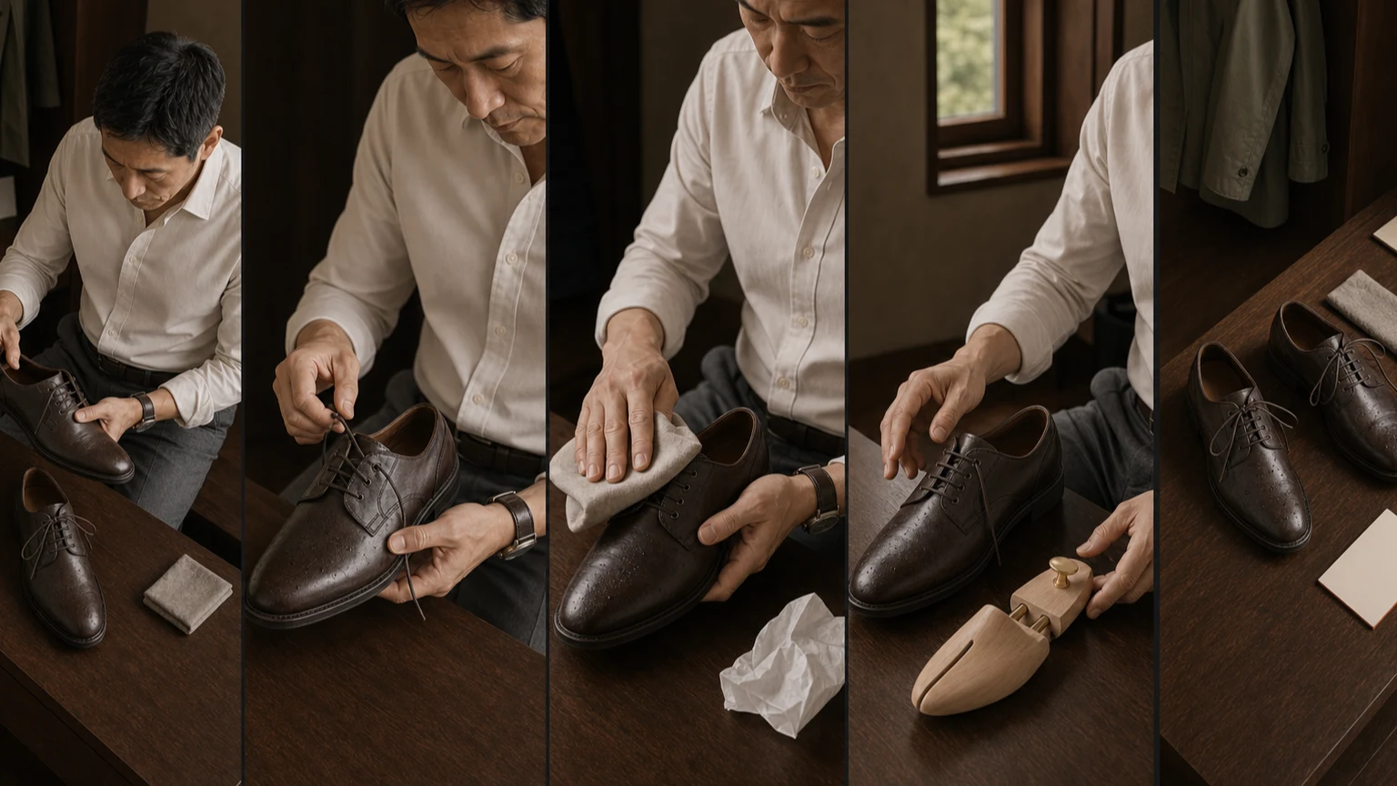회색 팬츠와 올리브 코트를 입은 남성이 비에 노출된 다크 브라운 더비의 끈과 안쪽, 밑창을 확인하고 마른 천과 형태 지지 후보를 놓은 회복 작업대