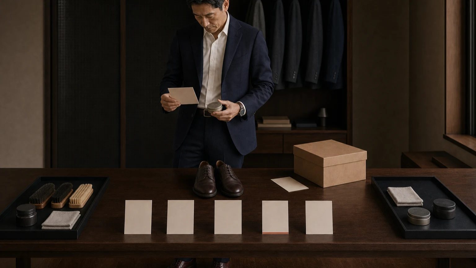 네이비 수트와 화이트 셔츠를 입은 남성이 다크 브라운 더비 앞에서 컨디셔닝과 색 보정, 광택, 보호 목적 카드를 제품 지침과 대조하고 브러시와 천을 분리해 둔 장면