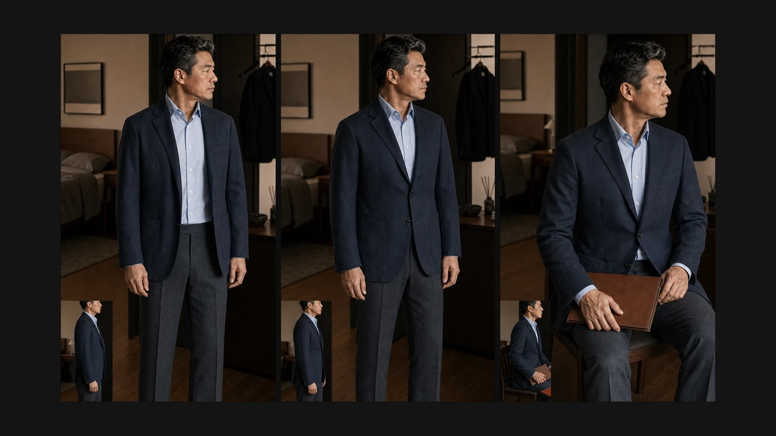 같은 옅은 블루 셔츠와 차콜 라펠형 재킷을 입고 앞섶을 연 상태와 닫은 상태, 의자에 앉은 상태에서 몸판과 여밈을 비교한 장면