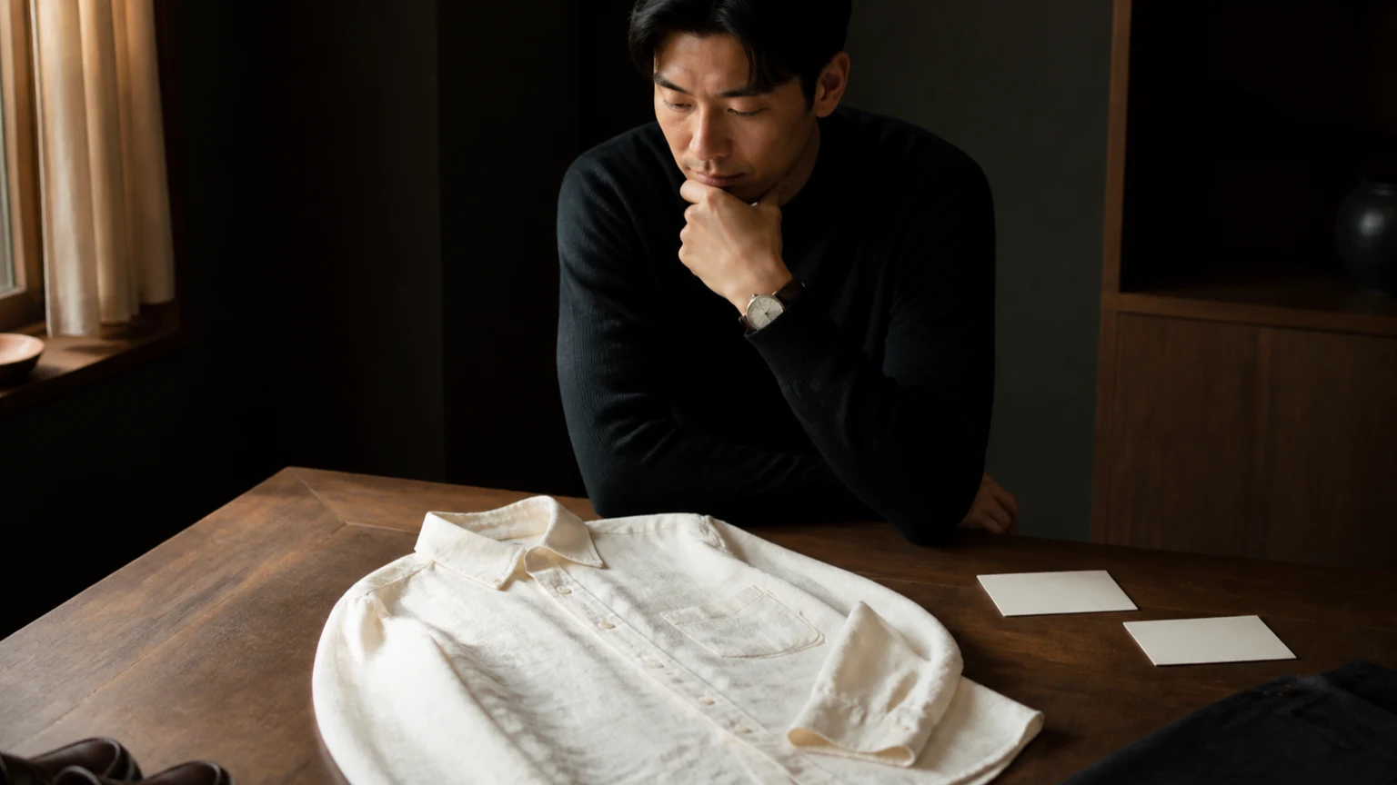 셔츠와 무문자 관리 카드, 비교 사진 카드를 나란히 두고 확인하는 장면