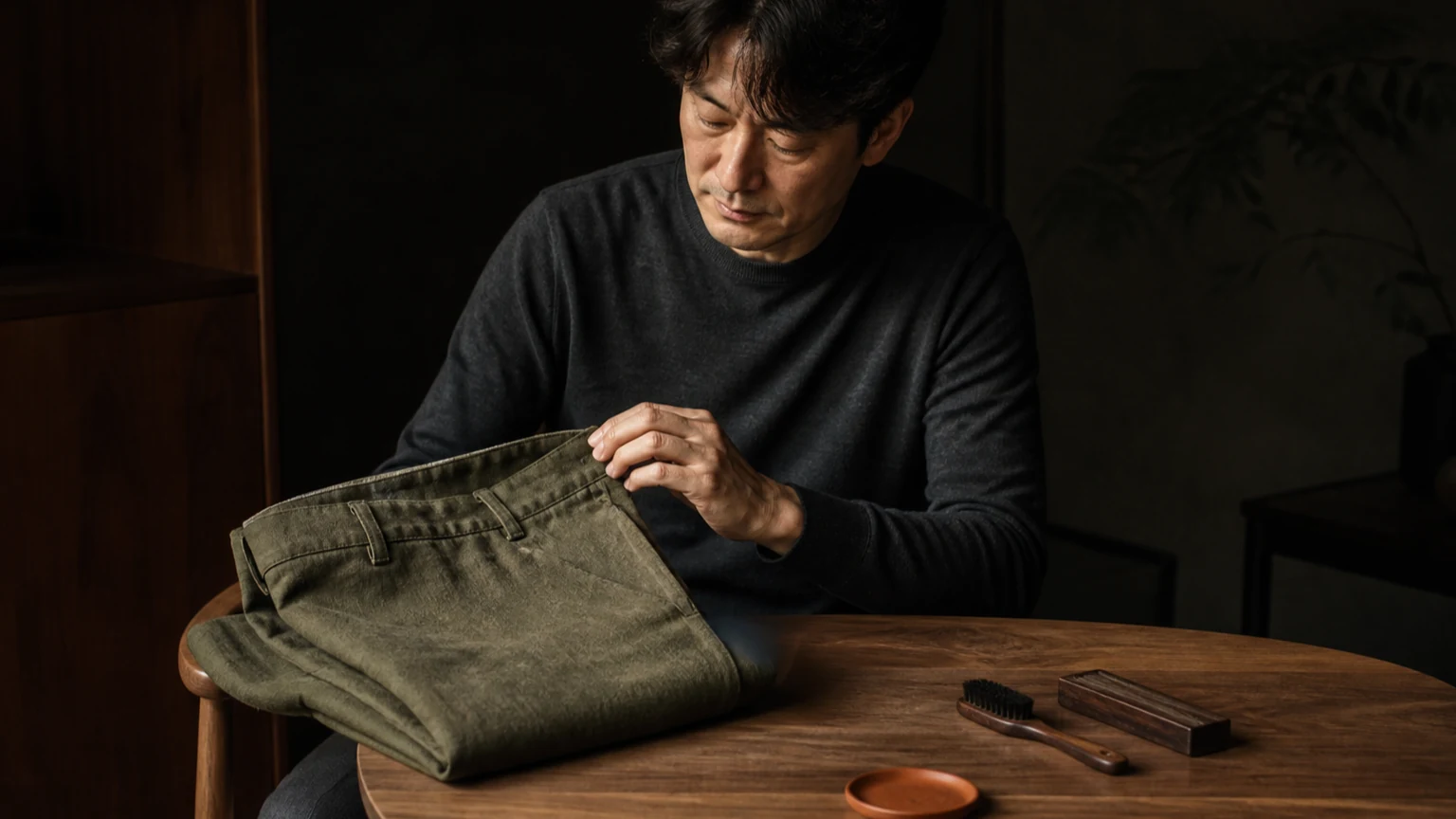 팬츠와 무표기 관리 도구를 곁에 두고 세탁 전 제한 조건을 확인하는 남성