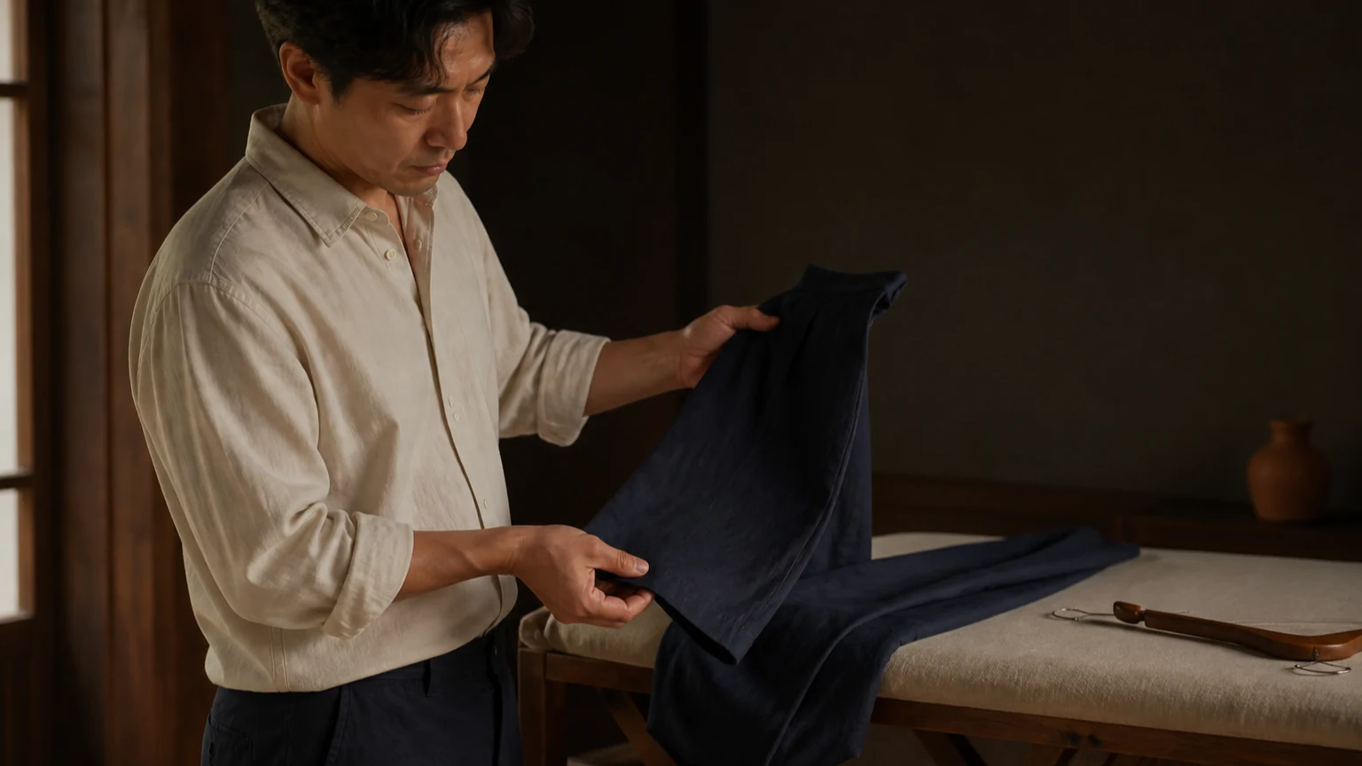 다림질 테이블 곁에서 마른 팬츠의 주름선과 밑단을 차분히 확인하는 남성