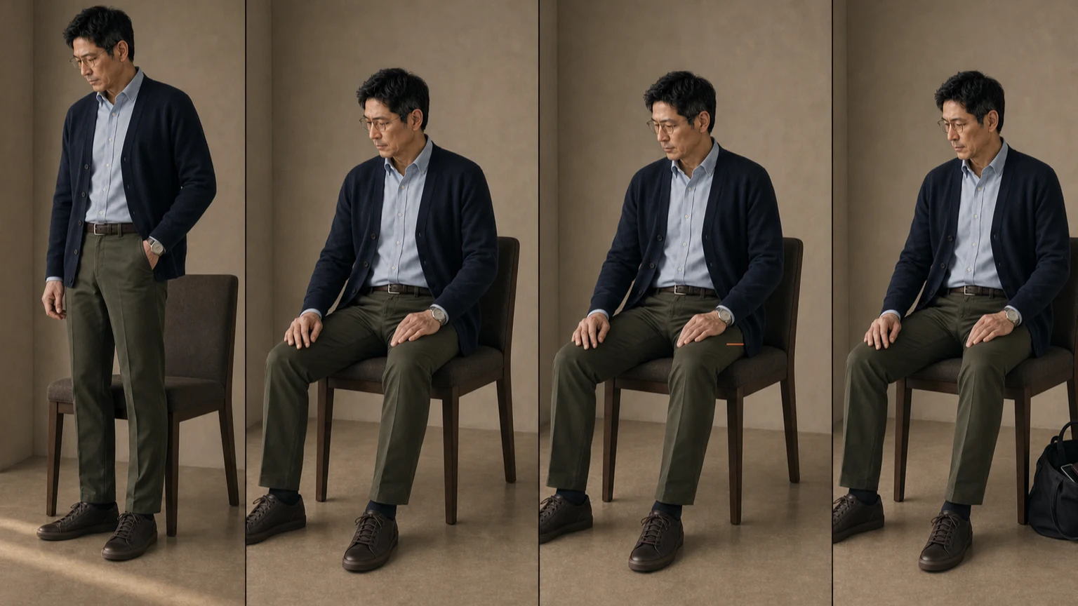 라이트 블루 셔츠와 네이비 가디건, 올리브 치노 차림의 같은 남성이 서고 빈 주머니로 앉은 뒤 평소 주머니와 지갑을 가방으로 옮긴 상태를 차례로 비교하는 장면