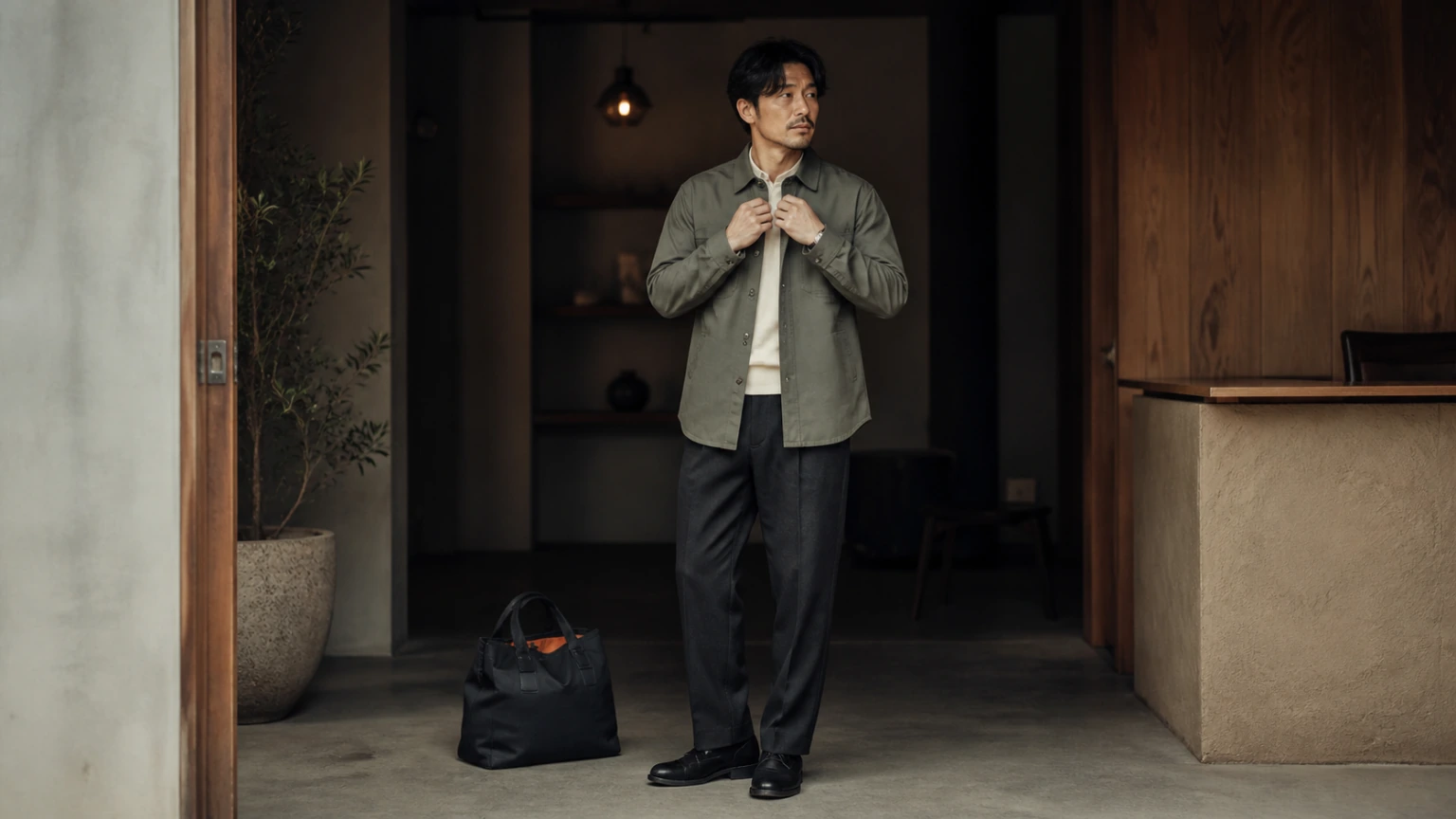 기차 이동 후 목적지에서 겉옷과 차림을 정돈하는 남성