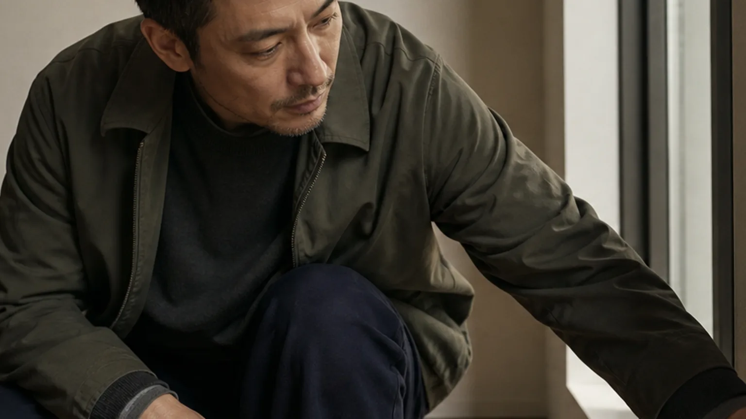 겹입한 옷차림으로 새 집 공간을 점검하는 남성