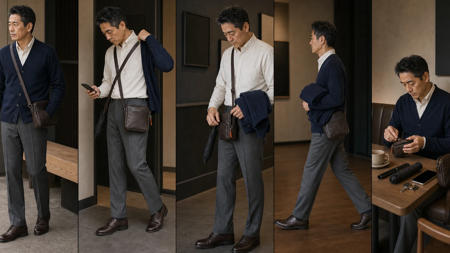 같은 셔츠와 차콜 팬츠 차림의 남성이 외부와 입구, 관람 공간, 카페를 이동하며 네이비 가디건을 벗고 가방과 필수품 위치를 확인하는 연속 장면