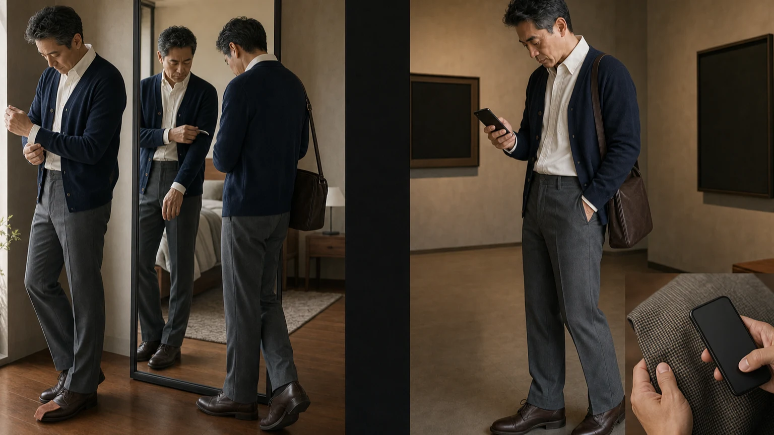 웜 오프화이트 셔츠와 차콜 팬츠를 입은 남성이 전신 거울에서 소매와 어깨, 신발 상태를 살피고 휴대전화로 촬영 안내를 확인하는 장면