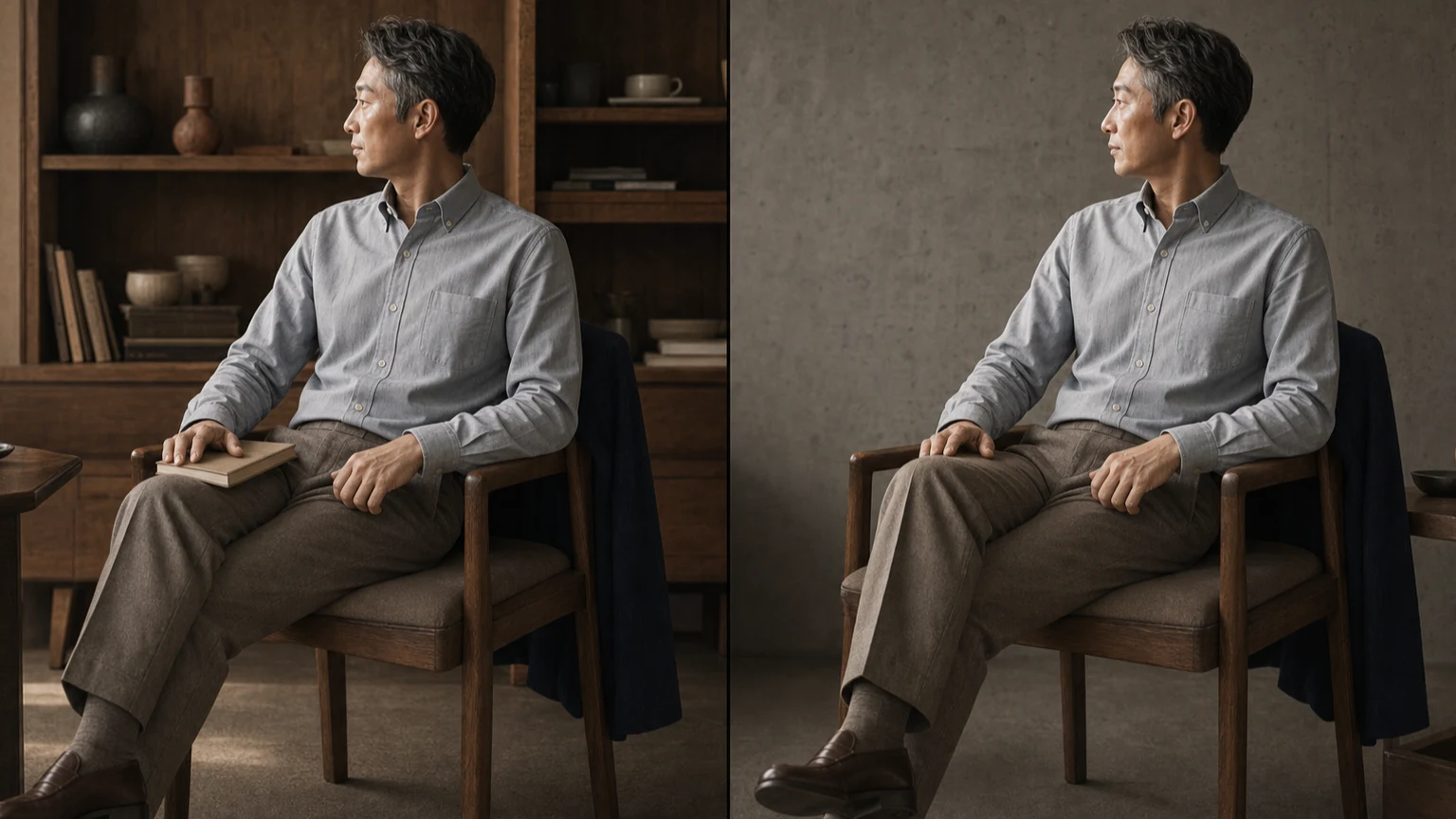 도심 카페의 따뜻한 배경과 차가운 배경에서 토프 팬츠와 회색기 도는 블루 셔츠의 경계를 확인하는 남성