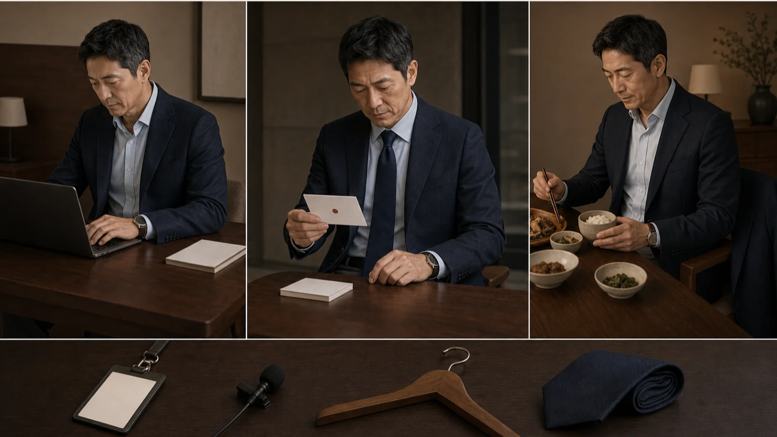 옅은 블루 셔츠와 네이비 재킷, 차콜 슬랙스를 유지한 채 내부 업무와 외부 미팅, 가족 식사 일정에서 복장 안내와 넥타이 역할을 나누어 확인하는 남성
