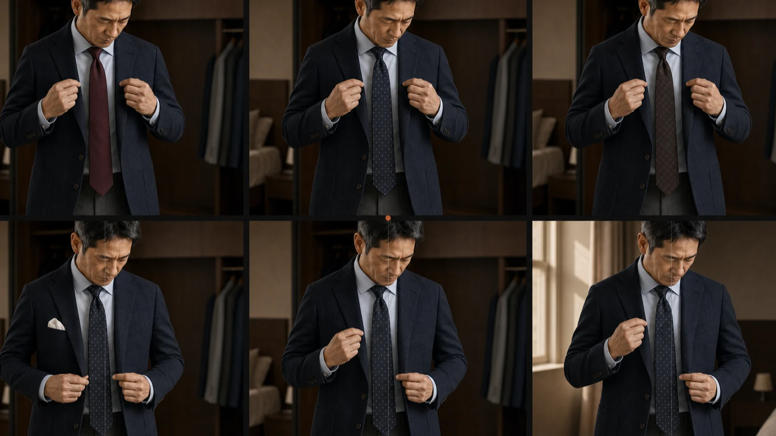 같은 옅은 블루 셔츠와 네이비 헤링본 재킷에서 버건디 무지와 네이비 도트, 브라운 메달리온 타이를 바꾸고 조명과 포켓스퀘어 한 요소씩 비교한 장면