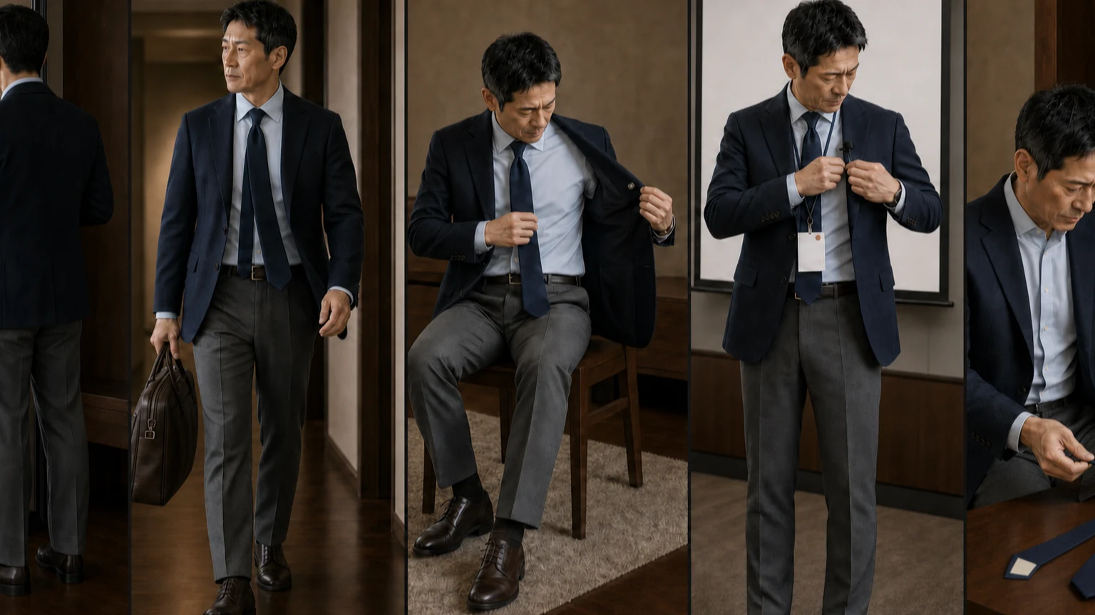 옅은 블루 셔츠와 네이비 재킷에 짙은 네이비 타이를 맨 남성이 이동하고 앉고 재킷을 여닫은 뒤 귀가해 매듭과 꼬리, 끝단, 표면과 라벨을 확인하는 연속 장면