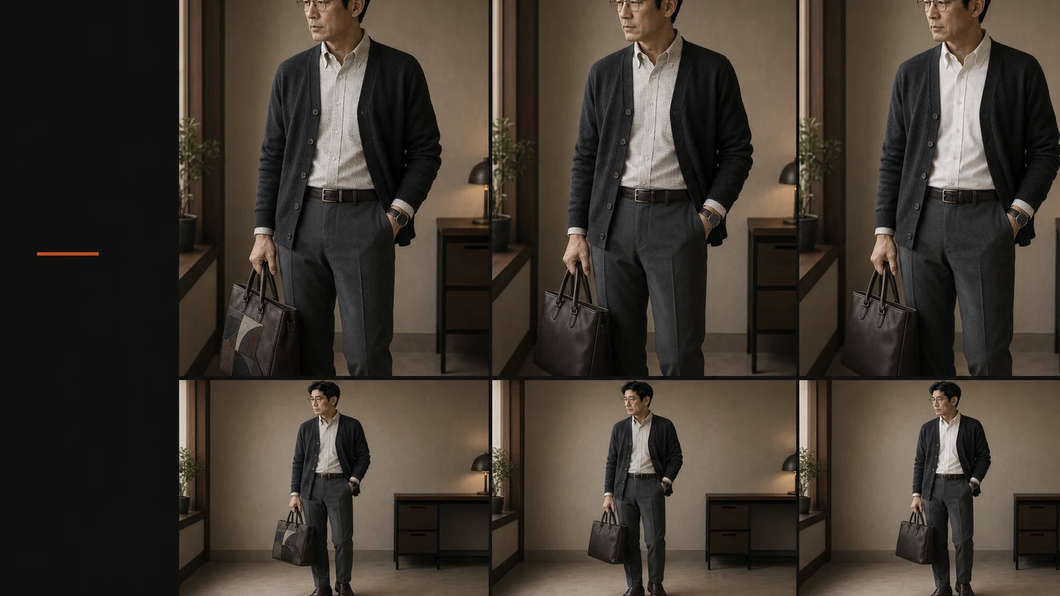 웜 화이트 셔츠와 차콜 가디건을 입은 남성이 같은 자세와 조명에서 패턴과 광택, 큰 로고를 한 종류씩 줄여 상반신과 전신의 정보량을 비교하는 장면